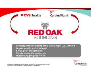 © Copyright 2014, Cardinal Health. All rights reserved. CARDINAL HEALTH, the Cardinal Health LOGO and ESSENTIAL TO CARE are trademarks or registered trademarks of Cardinal Health. 
•Largest generics sourcing entity (50/50 JV) in U.S., which is largest generic market in world 
•Single point of negotiation 
•Simple, straightforward model 
•Outstanding progress to date  