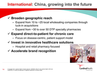 © Copyright 2014, Cardinal Health. All rights reserved. CARDINAL HEALTH, the Cardinal Health LOGO and ESSENTIAL TO CARE are trademarks or registered trademarks of Cardinal Health. 
14 
International: China, growing into the future 
Broaden geographic reach 
–Expand from 10 to ~25 local wholesaling companies through tuck-in acquisitions 
–Expand from ~30 to over 50 DTP specialty pharmacies 
Expand direct-to-patient for chronic care 
–Focus on disease-centric, patient support model 
Invest in innovative healthcare solutions 
–Hospital and retail pharmacy focused 
Accelerate brand recognition  