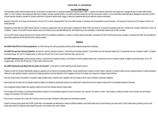 1234567Loss contingencies related to litigation and regulatory matters and income from favorable resolution of legal matters. The inventories of the Company's core pharmaceutical distribution facilities in the Pharmaceutical segment are valued at the lower of cost, using the LIFO method, or market. These charges or credits are included in cost of products sold, and represent changes in the Company's LIFO inventory reserve. Except for compound annual growth rates (CAGR), growth rates in this presentation are determined by dividing the difference between current period results and prior period results by prior period results. CAGR is determined by subtracting one from ((the ending value divided by the beginning value) raised to the power of (one divided by the number of years)). Costs incurred in connection with our Spin-Off of CareFusion which are included in distribution, selling, general and administrative expenses. ProgramsbywhichtheCompanyfundamentallychangesitsoperationssuchasclosingandconsolidatingfacilities,movingmanufacturingofaproducttoanotherlocation,productionorbusinessprocesssourcing,employeeseverance(includingrationalizingheadcount or other significant changes in personnel) and realigning operations (including realignment of the management structure of a business unit in response to changing market conditions). Costs that consist primarily of amortization of acquisition-related intangible assets, transaction costs, integration costs and changes in the fair value of contingent consideration obligations. Asset impairments and losses from the disposal of assets not eligible to be classified as discontinued operations are classified within impairments and loss on disposal of assets within the consolidated statements of earnings. Non-GAAPEarningsfromContinuingOperations:earningsfromcontinuingoperationsexcluding(1)restructuringandemployeeseverance1,(2)amortizationandotheracquisition-relatedcosts2,(3)impairmentsandlossondisposalofassets3,(4)litigation(recoveries)/charges, net4, (5) LIFO charges/(credits), (6) Other Spin-Off costs6 and (7) Gain on sale of CareFusion stock, each net of tax. Non-GAAP Operating Earnings Margin Rate and growth rate calculation7: current period non-GAAP operating earnings divided by revenue. Non-GAAP Operating Earnings: operating earnings excluding (1) restructuring and employee severance, (2) amortization and other acquisition-related costs, (3) impairments and loss on disposal of assets, (4) litigation (recoveries)/charges, net, (5) LIFO charges/(credits), (6) Other Spin-Off costs and (7) Gain on sale of CareFusion stock. Non-GAAP Diluted EPS from Continuing Operations: non-GAAP earnings from continuing operations divided by diluted weighted-average shares outstanding. Cardinal Health, Inc. and SubsidiariesUse of Non-GAAP MeasuresThis presentation contains financial measures that are not calculated in accordance with U.S. generally accepted accounting principles (“GAAP”). In general, the measures exclude items and charges that (i) management does not believe reflect Cardinal Health, Inc.'s (the "Company") core business and relate more to strategic, multi-year corporate activities; or (ii) relate to activities or actions that may have occurred over multiple or in prior periods without predictable trends. Management uses these non-GAAP financial measures internally to evaluate the Company’s performance, evaluate the balance sheet, engage in financial and operational planning and determine incentive compensation. Beginning in fiscal 2015, the Company will exclude last-in, first-out ("LIFO") inventory charges/(credits)5 from its non-GAAP earnings, for consistency with the presentation by some of its peers. The Company did not record any LIFO charges or credits in the periods presented. Managementprovidesthesenon-GAAPfinancialmeasurestoinvestorsassupplementalmetricstoassistreadersinassessingtheeffectsofitemsandeventsonitsfinancialandoperatingresultsandincomparingtheCompany’sperformancetothatofitscompetitors. However, the non-GAAP financial measures used by the Company may be calculated differently from, and therefore may not be comparable to, similarly titled measures used by other companies. Thenon-GAAPfinancialmeasuresdisclosedbytheCompanyshouldnotbeconsideredasubstitutefor,orsuperiorto,financialmeasurescalculatedinaccordancewithGAAP,andthefinancialresultscalculatedinaccordancewithGAAPandreconciliationstothose financial statements set forth above should be carefully evaluated. Definitions 