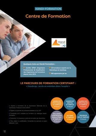 12 Les Cahiers de Cheops - n°5
HANDI-FORMATION
Centre de Formation
HANDI-FORMATION
Handi-Formation, centre de formation
de Cheops contribue au développement
des compétences des équipes Cap emploi
et des employeurs privés ou publics.
Objectif : permettre à tout professionnel du marché de
l’emploi et aux responsables des ressources humaines
d’accompagner dans l’emploi ou vers l’emploi, une
personne en situation de handicap (psychique, mental,
autisme, troubles dys…).
Cette certification est :
Inscrite à l’inventaire de la Commission Nationale de la
Certification Professionnelle (CNCP).
Éligible à la période de professionnalisation et au CPF.
Composée de 6 modules de formation du catalogue Handi-
Formation.
Comprend 112 heures en centre de formation (en discontinu).
Pour obtenir la certification, l’ensemble du parcours ne peut
dépasser 4 ans.
Depuis son lancement en 2017 : 504 professionnels
sont entrés dans ce parcours.
Certifié OPQF (Organisme
Professionnel de Qualification
des Organismes de Formation)
depuis mars 2016.
30 formateurs experts sur la
thématique du handicap.
800 apprenants par an.
LE PARCOURS DE FORMATION CERTIFIANT :
« Handicap : accès et maintien dans l’emploi »
L’actualité du centre de formation est marquée par le
vif succès du parcours de formation certifiant lancé en
2017, par la rénovation du site Internet et par la sortie
du nouveau catalogue 2019.
HANDICAP
PSYCHIQUE
ET EMPLOI
21 heures
HANDICAP
MENTAL
ET EMPLOI
21 heures
HANDICAPS
SPÉCIFIQUES
ET EMPLOI
21 heures
AUTISME
ET EMPLOI
14 heures
TROUBLES
DYS ET EMPLOI
14 heures
MALADIES
CHRONIQUES
ÉVOLUTIVES
ET EMPLOI
21 heures
Quelques mots sur Handi-Formation :
 