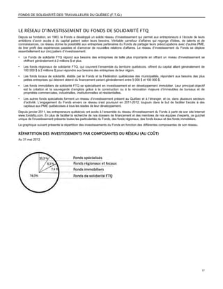 FONDS DE SOLIDARITÉ DES TRAVAILLEURS DU QUÉBEC (F.T.Q.)



LE RÉSEAU D’INVESTISSEMENT DU FONDS DE SOLIDARITÉ FTQ
Depuis sa fondation, en 1983, le Fonds a développé un solide réseau d’investissement qui permet aux entrepreneurs à l’écoute de leurs
ambitions d’avoir accès à du capital patient selon leurs besoins. Véritable carrefour d’affaires qui regorge d'idées, de talents et de
connaissances, ce réseau donne la possibilité aux entreprises partenaires du Fonds de partager leurs préoccupations avec d’autres PME,
de tirer profit des expériences passées et d’amorcer de nouvelles relations d’affaires. Le réseau d’investissement du Fonds se déploie
essentiellement sur cinq paliers d’investissement.
•   Le Fonds de solidarité FTQ répond aux besoins des entreprises de taille plus importante en offrant un niveau d’investissement se
    chiffrant généralement à 2 millions $ et plus.
•   Les fonds régionaux de solidarité FTQ, qui couvrent l’ensemble du territoire québécois, offrent du capital allant généralement de
    100 000 $ à 2 millions $ pour répondre aux besoins des entreprises de leur région.
•   Les fonds locaux de solidarité, établis par le Fonds et la Fédération québécoise des municipalités, répondent aux besoins des plus
    petites entreprises qui désirent obtenir du financement variant généralement entre 5 000 $ et 100 000 $.
•   Les fonds immobiliers de solidarité FTQ se spécialisent en investissement et en développement immobilier. Leur principal objectif
    est la création et la sauvegarde d’emplois grâce à la construction ou à la rénovation majeure d’immeubles de bureaux et de
    propriétés commerciales, industrielles, institutionnelles et résidentielles.
•   Les autres fonds spécialisés forment un réseau d’investissement présent au Québec et à l’étranger, et ce, dans plusieurs secteurs
    d’activité. L’engagement du Fonds envers ce réseau s’est poursuivi en 2011-2012, toujours dans le but de faciliter l’accès à des
    capitaux aux PME québécoises à tous les stades de leur développement.
Depuis janvier 2011, les entrepreneurs québécois ont accès à l’ensemble du réseau d'investissement du Fonds à partir de son site Internet
www.fondsftq.com. En plus de faciliter la recherche de nos dossiers de financement et des membres de nos équipes d’experts, ce guichet
unique de l’investissement présente toutes les particularités du Fonds, des fonds régionaux, des fonds locaux et des fonds immobiliers.
Le graphique suivant présente la répartition des investissements du Fonds en fonction des différentes composantes de son réseau.

RÉPARTITION DES INVESTISSEMENTS PAR COMPOSANTES DU RÉSEAU (AU COÛT)
Au 31 mai 2012




                                                                                                                                      17
 
