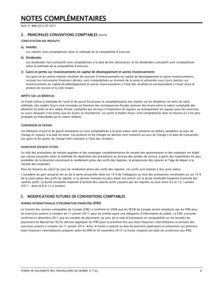 NOTES COMPLÉMENTAIRES
AUX 31 MAI 2012 ET 2011


2. PRINCIPALES CONVENTIONS COMPTABLES                       (SUITE)

CONSTATATION DES PRODUITS

a) Intérêts
     Les intérêts sont comptabilisés selon la méthode de la comptabilité d’exercice.

b) Dividendes
     Les dividendes non cumulatifs sont comptabilisés à la date de leur déclaration, et les dividendes cumulatifs sont comptabilisés
     selon la méthode de la comptabilité d’exercice.

c) Gains et pertes sur investissements en capital de développement et autres investissements
     Les gains et les pertes réalisés résultant de cessions d’investissements en capital de développement et autres investissements,
     incluant les instruments financiers dérivés, sont comptabilisés au moment de la vente et présentés sous Gains (pertes) sur
     investissements en capital de développement et autres investissements à l’état des résultats et correspondent à l’écart entre le
     produit de cession et le coût moyen.

IMPÔTS SUR LES BÉNÉFICES

Le Fonds utilise la méthode de l’actif et du passif fiscal pour la comptabilisation des impôts sur les bénéfices. En vertu de cette
méthode, des impôts futurs sont constatés en fonction des conséquences fiscales prévues des écarts entre la valeur comptable des
éléments du bilan et leur valeur fiscale, multipliés par les taux d’imposition en vigueur ou pratiquement en vigueur pour les exercices
au cours desquels il est prévu que les écarts se résorberont. Les actifs d’impôts futurs sont comptabilisés dans la mesure où il est plus
probable qu’improbable qu’ils soient réalisés.


CONVERSION DE DEVISES

Les éléments d’actif et de passif monétaires et ceux comptabilisés à la juste valeur sont convertis en dollars canadiens au taux de
change en vigueur à la date du bilan. Les produits et les charges en devises sont convertis au taux de change à la date de transaction.
Les gains et les pertes de change sont constatés à l’état des résultats.

AVANTAGES SOCIAUX FUTURS

Le coût des prestations de retraite gagnées et des avantages complémentaires de retraite des gestionnaires et des employés est établi
par calculs actuariels selon la méthode de répartition des prestations au prorata des années de service, à partir des hypothèses les plus
probables de la direction concernant le rendement prévu des actifs des régimes, la progression des salaires et l’âge de départ à la
retraite des employés.
Pour les besoins du calcul du taux de rendement prévu des actifs des régimes, ces actifs sont évalués à leur juste valeur.
L’excédent du gain actuariel net ou de la perte actuarielle nette sur 10 % de l’obligation au titre des prestations constituées ou sur 10 %
de la juste valeur des actifs du régime, si ce dernier montant est plus élevé, est amorti sur la durée résiduelle moyenne d’activité des
salariés actifs. La durée résiduelle moyenne d’activité des salariés actifs couverts par les régimes se situe entre 8,5 et 12,1 années
(2011 : entre 8,8 et 12,2 années).


3.    MODIFICATIONS FUTURES DE CONVENTIONS COMPTABLES
NORMES INTERNATIONALES D’INFORMATION FINANCIÈRE        (IFRS)
Le Conseil des normes comptables du Canada (CNC) a confirmé en 2008 que les PCGR du Canada seront remplacés par les IFRS pour
les exercices ouverts à compter du 1er janvier 2011, pour les entités ayant une obligation d’information du public. Le CNC a ensuite
confirmé en décembre 2011 que les sociétés de placement, au sens de la note d’orientation en comptabilité sur les Sociétés de
placement du Manuel de l’ICCA, devront appliquer les IFRS pour la première fois aux états financiers intermédiaires et annuels des
exercices ouverts à compter du 1er janvier 2014. Ainsi, le Fonds a reporté sa date de première application et présentera ses premiers
états financiers intermédiaires préparés selon les IFRS le 30 novembre 2014. Le Fonds respecte son plan de conversion aux IFRS.




FONDS DE SOLIDARITÉ DES TRAVAILLEURS DU QUÉBEC (F.T.Q.)                                                                                   8
 