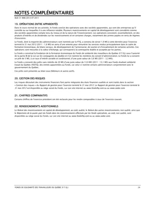 NOTES COMPLÉMENTAIRES
AUX 31 MAI 2012 ET 2011


19. OPÉRATIONS ENTRE APPARENTÉS
Dans le cours normal de ses activités, le Fonds conclut des opérations avec des sociétés apparentées, qui sont des entreprises qu’il
contrôle ou sur lesquelles il a une influence notable. Plusieurs investissements en capital de développement sont considérés comme
des sociétés apparentées compte tenu du niveau et de la nature de l’investissement. Les opérations consistent, essentiellement, en des
produits d'intérêts et de dividendes sur les investissements et en certaines charges, notamment des primes payées en vertu de régimes
d'assurance.
Le Fonds, dont la majorité des administrateurs sont nommés par la FTQ, a convenu de verser 1,9 M$ à cette dernière pour l’exercice
terminé le 31 mai 2012 (2011 : 1,6 M$) en vertu d’une entente pour rémunérer les services rendus principalement dans le cadre de
formation économique, de bilans sociaux, de développement de l’actionnariat, de soutien et d’encadrement de certaines activités. Ces
opérations sont mesurées à la valeur d'échange, qui correspond à la contrepartie établie et acceptée par les parties.
Le Fonds a constitué la Fondation de la formation économique du Fonds de solidarité des travailleurs du Québec (F.T.Q.) sous l’autorité
de la partie III de la Loi sur les compagnies du Québec et il en nomme les membres du conseil d’administration. Le Fonds lui a consenti
un prêt de 5 M$, à un taux d’intérêt variable et conditionnel, d’une juste valeur de 3,6 M$ (2011 : 3,3 M$).
Le Fonds a consenti des prêts sans intérêts de 20 M$ d’une juste valeur de 13,9 M$ (2011 : 13,1 M$) aux Fonds étudiant solidarité
travail du Québec (FESTQ), des entités apparentées au Fonds, car celui-ci nomme certains administrateurs conjointement avec le
gouvernement du Québec.
Ces prêts sont présentés au bilan sous Débiteurs et autres actifs.


20. GESTION DES RISQUES
Les risques découlant des instruments financiers font partie intégrante des états financiers audités et sont traités dans la section
« Gestion des risques » du Rapport de gestion pour l’exercice terminé le 31 mai 2012. Le Rapport de gestion pour l’exercice terminé le
31 mai 2012 est disponible au siège social du Fonds, sur son site internet au www.fondsftq.com ou au www.sedar.com.


21. CHIFFRES COMPARATIFS
Certains chiffres de l’exercice précédent ont été reclassés pour les rendre comparables à ceux de l’exercice courant.


22. RENSEIGNEMENTS ADDITIONNELS
Le Relevé des investissements en capital de développement, au coût, audité, le Relevé des autres investissements, non audité, ainsi que
le Répertoire de la quote-part du Fonds dans les investissements effectués par les fonds spécialisés, au coût, non audité, sont
disponibles au siège social du Fonds, sur son site internet au www.fondsftq.com ou au www.sedar.com.




FONDS DE SOLIDARITÉ DES TRAVAILLEURS DU QUÉBEC (F.T.Q.)                                                                                24
 