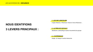 LES MUTATIONS DE L’INFLUENCE
NOUS IDENTIFIONS
3 LEVIERS PRINCIPAUX :
1. LES INFLUENCEURS
L’hyper-influence, l’influenceur virtuel, le micro-influenceur…
2. LA PREUVE SOCIALE
Slacktivism, astroturfing et autres mouvements de groupe
3. L’EXPÉRIENCE
Nudge, UX design et autres ressources
 