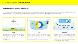 2. LA PREUVE SOCIALE / LE SLACKTIVISM
> EXEMPLES DE « DONS GRATUITS »
Ces engagements « feel good », bien qu’un peu moqués, peuvent avoir un impact fort. Surtout lorsqu’il s’agit de campagnes orchestrées à l’aide d’outils spécifiques qui permettent
de décupler les effets d’un engagement digital. Des entreprises font du slacktivism leur cœur de métier et offrent différentes options pour s’engager.
ECOSIA
Ecosia est un moteur de recherche allemand qui
plante des arbres à chaque fois que vous effectuez
une requête. Les publicités que vous y voyez
génèrent des revenus qui servent ensuite à financer
cet engagement.
LILO
Cousin français du moteur de recherche Ecosia.
Chaque recherche génère des gouttes. Les gouttes
se transforment ensuite en euros et vous pouvez
choisir dans quel projet les investir.
Lilo finance également des médias indépendants.
GOODEED
Cette start-up française propose de faire des « dons
gratuits ». Elle verse de l’argent à des projets
sociétaux en échange du visionnage de quelques
publicités. Les projets sont divers : financer la
formation professionnelle de SDF, payer des vaccins,
offrir des repas aux Restos du cœur…
 