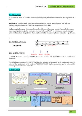 CAHIER 2º ESO           Realizado por Sara Huertas Moreno




2º MELODÍE
Es la sucesión lineal de distintas alturas de sonido que expresan una idea musical. Distinguimos en
ella:

Ambitus : C’est l’intervalle entre la note la plus basse et la note la plus haute d’une vois, un
instrument ou une partition. C’est le synonyme de registre. Ej :

La línea melódica: es el dibujo que forman las diferentes alturas del sonido. Hay melodías que se
mueven por grados conjuntos (se mueve por intervalos de 2ª o 3ª) y otras que se caracterizan por
tener muchos saltos. Así podemos decir que las melodías pueden ser planas, onduladas o quebradas.


Ej :

LA PORTÉE, LA CLÉ et

       LES NOTES



LES ALTÉRATIONS

Le DIÈSE élève d’un demi-ton, le BÉMOL baisse d’un demi-ton et le BECARRE annule les modifications
antérieures.

Ces altérations peuvent être CONSTITUTIVES si elles se situent au début de la portée et modifient toutes les
notes qu’elles représentent sur la portée ou ACCIDENTELLES si elles ne modifient que les notes qu’elles
accompagnent et celles de sa MESURE.

3. ARMONÍA




                                                                                                | 14
 
