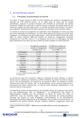 - 20 –
Le conseil en management francilien, un secteur dynamique et en constante évolution
3. Un marché plus mature
3.1. Principales caractéristiques du marché
En France, le Syntec estime en 2007 le chiffre d'affaires du conseil en management aux
alentours de 5,65 milliards d'euros, sur la même base de calcul que les années
précédentes, auxquels il convient d'ajouter 2,42 milliards en provenance des petites
structures3
. Depuis les années 80, le marché français a rattrapé une grande partie de son
retard par rapport aux pays anglo-saxons. Le marché est devenu plus mature, les clients,
plus exigeants, réclament plus de valeur ajoutée, plus d'analyse et des résultats visibles.
Le marché du conseil en management est cependant moins développé en France que chez
nos voisins allemands et britanniques, en raison d'une absence de "culture du conseil" dans
l'hexagone, à la différence des pays anglo-saxons : selon l'étude FEACO-Eurostat de juillet
2007, le chiffre d'affaires 2006 des sociétés de conseil en management françaises
représente 0,4 % du PNB, contre 1,1 % au Royaume Uni et 0,9 % en Allemagne. Ces deux
pays représentent à eux deux plus de la moitié du total européen en chiffre d'affaires.
CA 2006 des sociétés de
conseil en management
(millions d' €) (*)
CA 2006 des sociétés de
conseil en management
(% du PNB) (*)
Allemagne 21 700 0,9
Royaume Uni 20 410 1,1
Espagne 7 570 0,8
France 6 560 0,4
Pays Bas 2 700 (**) 1
Autriche 2 ,600 0,5
Italie 2 500 0,2
Danemark 1 990 0,9
Portugal 1 050 (**) 0,7
Belgique 1 050 0,3
(*) source : FEACO/ Eurostat juillet 2007
(**) estimations
Le marché est aussi très concentré, malgré la multitude de petits cabinets. Le Syntec
estime que les cabinets qui réalisent un chiffre d'affaires d'au moins 56 millions d'euros,
soit 9 % de son échantillon, ont capté 70 % du marché en 2007. Les cabinets au chiffre
d'affaires d'au moins 151 millions, soit 3 % de l'échantillon, ont eu une part stable de 44 %.
Inversement les "petits" cabinets (de 1 à 3 M€ de chiffre d'affaires) représentent 3 % de
l'activité mais 45 % des acteurs.
La demande de conseil est déterminée par de multiples facteurs et en général sous-tendue
par des problématiques liées au changement : la multiplication des normes et
réglementations implique pour les entreprises un besoin de conseil afin d'être en
conformité avec ces nouvelles règles. L'essor des opérations de fusions-acquisitions
provoque des besoins en audit stratégique, l'externalisation et les délocalisations
nécessitent des études d'opportunité et de faisabilité, puis une aide à la mise en œuvre. La
dérégulation de certains marchés -énergie, transport, télécoms- a également ouvert des
3
Pour la première fois en 2007, 11 000 structures de faible effectif ont été interrogées par le
Syntec.
 