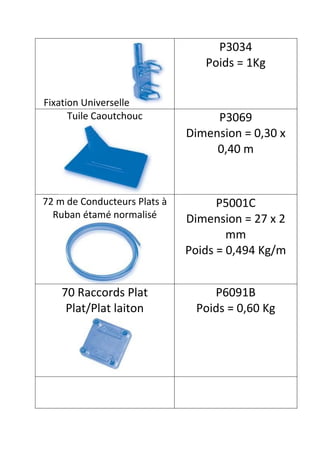 P3034
                                 Poids = 1Kg


Fixation Universelle
      Tuile Caoutchouc             P3069
                              Dimension = 0,30 x
                                   0,40 m



72 m de Conducteurs Plats à         P5001C
  Ruban étamé normalisé       Dimension = 27 x 2
                                      mm
                              Poids = 0,494 Kg/m


    70 Raccords Plat              P6091B
     Plat/Plat laiton          Poids = 0,60 Kg
 