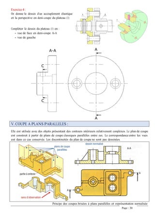 Exercice 4 :
On donne le dessin d’un accouplement élastique
et la perspective en demi-coupe du plateau (1)
Compléter le dessin du plateau (1) en :
- vue de face en demi-coupe A-A
- vue de gauche
V. COUPE A PLANS PARALLELES :
Elle est utilisée avec des objets présentant des contours intérieurs relativement complexes. Le plan de coupe
est construit à partir de plans de coupe classiques parallèles entre eux. La correspondance entre les vues
est dans ce cas conservée. Les discontinuités du plan de coupe ne sont pas dessinées.
Principe des coupes brisées à plans parallèles et représentation normalisée
Page : 30
 