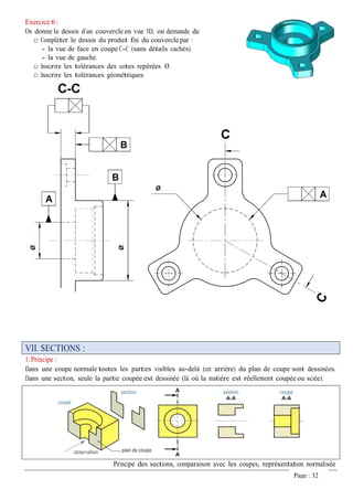 Exercice 6 :
On donne le dessin d’un couvercle en vue 3D, on demande de
□ Compléter le dessin du produit fini du couvercle par :
- la vue de face en coupe C-C (sans détails cachés)
- la vue de gauche.
□ Inscrire les tolérances des cotes repérées Ø.
□ Inscrire les tolérances géométriques
VII. SECTIONS :
1. Principe :
Dans une coupe normale toutes les parties visibles au-delà (en arrière) du plan de coupe sont dessinées.
Dans une section, seule la partie coupée est dessinée (là où la matière est réellement coupée ou sciée).
Principe des sections, comparaison avec les coupes, représentation normalisée
Page : 32
 
