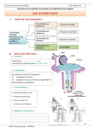 LABO Génie mécanique AGAREB
I. TYPES DE TRANSMISSION :
II. ROUES DE FRICTION :
1. Fonction :
2. Composition :
3. Caractéristiques :
4. Rapport de transmission :
Transmission sans transformation de mouvement avec modification de vitesse angulaire
LES ENGRENAGES
Labo génie mécanique AGAREB Prof : REGUII M
Transmettre
l'Energie
Mécanique Avec
possibilité de
modifier la
fréquence de
rotation.
Roues de Friction
Engrenages
Pignons et chaines
Poulies et courroies
Transmettre par
Obstacle
entre arbres éloignés.
Transmettre par
adhérence
entre arbres rapprochés.
Transmettre par
adhérence
entre arbres éloignés.
Transmettre par
Obstacle
entre arbres rapprochés.
Transmettre ………………………, un
mouvement de rotation continu entre deux arbres
rapprochés
Le système roue de friction comprend :
 un plateau (2) en fonte ;
 un galet (1) en cuir, en férodo, en aggloméré de
liège (Conique ou cylindrique)
D : diamètre du plateau (mm)
d : diamètre du galet (mm)
F : force du ressort (N)
f : coefficient de frottement
……………………………………………………
……………………………………………………
……………………………………………………
……………………………………………
……………………………………………………
……………………………………………………
………………………………
40
 