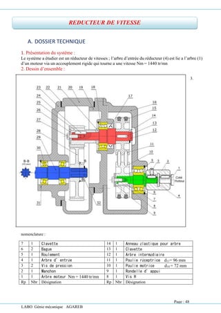 LABO Génie mécanique AGAREB
A. DOSSIER TECHNIQUE
1. Présentation du système :
Le système a étudier est un réducteur de vitesses ; l’arbre d’entrée du réducteur (4) est lie a l’arbre (1)
d’un moteur via un accouplement rigide qui tourne a une vitesse Nm = 1440 tr/mn
2. Dessin d’ensemble :
3.
nomenclature :
7 1 Clavette 14 1 Anneau élastique pour arbre
6 2 Bague 13 1 Clavette
5 1 Roulement 12 1 Arbre intermédiaire
4 1 Arbre d’entrée 11 1 Poulie réceptrice d11= 96 mm
3 2 Vis de pression 10 1 Poulie motrice d10 = 72 mm
2 1 Manchon 9 1 Rondelle d’appui
1 1 Arbre moteur Nm = 1440 tr/mn 8 1 Vis H
Rp Nbr Désignation Rp Nbr Désignation
REDUCTEUR DE VITESSE
Page : 48
 