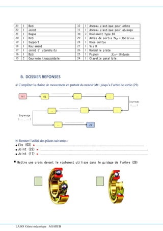 LABO Génie mécanique AGAREB
23 1 Bâti 32 1 Anneau élastique pour arbre
22 1 Joint 31 1 Anneau élastique pour alésage
21 1 Bague 30 2 Roulement type BT
20 1 Bâti 29 1 Arbre de sortie N29 = 360 tr/mn
19 1 Support 28 1 Roue dentée
18 1 Roulement 27 1 Vis H
17 1 Joint d’étanchéité 26 1 Rondelle plate
16 1 Bâti 25 1 Pignon Z25= 18 dents
15 2 Courroie trapézoïdale 24 1 Clavette parallèle
B. DOSSIER REPONSES
a/ Compléter la chaine de mouvement en partant du moteur Mt1 jusqu’a l’arbre de sortie (29)
b/ Donner l’utilité des pièces suivantes :
■ Vis (03) ► …………………..….………………………………………………………….……………….……
■ Joint (22) ► ……………………………...……………….………………………………….……………….……
■ Joint (17) ► ……………………………...……………….………………………………….……………….……
▪ Mettre une croix devant le roulement utilisée dans le guidage de l’arbre (29)
 