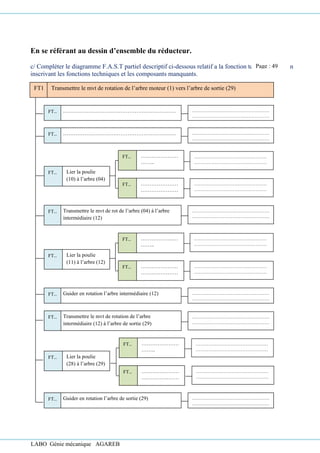 LABO Génie mécanique AGAREB
En se référant au dessin d’ensemble du réducteur.
c/ Compléter le diagramme F.A.S.T partiel descriptif ci-dessous relatif a la fonction technique FT1 en
inscrivant les fonctions techniques et les composants manquants.
Guider en rotation l’arbre intermédiaire (12)
FT..
Transmettre le mvt de rotation de l’arbre
intermédiaire (12) à l’arbre de sortie (29)
FT..
Guider en rotation l’arbre de sortie (29)
FT..
Lier la poulie
(28) à l’arbre (29)
FT..
…………………
……..
…………………
…………
FT..
…………………
…………………
……………….
FT..
…………………………………………
…………………………………………
…………………………………..
…………………………………………
…………………………………………
…………………………………..
………………………………………
………………………………………
……………………………………….
.
………………………………………
………………………………………
……………………………………….
.
…………………………………………
…………………………………………
…………………………………..
Transmettre le mvt de rot de l’arbre (04) à l’arbre
intermédiaire (12)
FT..
Lier la poulie
(11) à l’arbre (12)
FT..
…………………
……..
…………………
…………
FT..
…………………
…………………
……………….
FT..
………………………………………
………………………………………
………………………………………..
…………………………………………
…………………………………………
…………………………………..
………………………………………
………………………………………
………………………………………..
FT1 Transmettre le mvt de rotation de l’arbre moteur (1) vers l’arbre de sortie (29)
………………………………………………………
…………………..…
FT..
………………………………………………………
…………………..…
FT..
Lier la poulie
(10) à l’arbre (04)
FT..
…………………
……..
…………………
…………
FT..
…………………
…………………
……………….
FT..
…………………………………………
…………………………………………
…………………………………..
…………………………………………
…………………………………………
…………………………………..
………………………………………
………………………………………
………………………………………..
………………………………………
………………………………………
………………………………………..
Page : 49
 