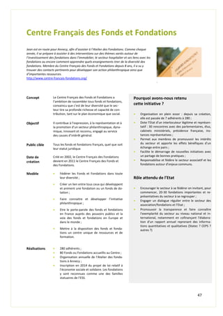 47
Centre Français des Fonds et Fondations
Jean est en route pour Annecy, afin d’assister à l’Atelier des Fondations. Comme chaque
année, il se prépare à assister à des interventions sur des thèmes variés autour de
l’investissement des fondations dans l’immobilier, le secteur hospitalier et ses liens avec les
fondations ou encore comment apprendre quels enseignements tirer de la diversité des
fondations. Membre du Centre Français des Fonds et Fondations depuis 8 ans, il a su y
trouver des contacts pertinents pour développer son action philanthropique ainsi que
d’importantes ressources.
http://www.centre-francais-fondations.org/
.
Concept Le Centre Français des Fonds et Fondations a
l’ambition de rassembler tous fonds et fondations,
convaincu que c’est de leur diversité que le sec-
teur tire sa profonde richesse et capacité de con-
tribution, tant sur le plan économique que social.
Pourquoi avons-nous retenu
cette initiative ?
 Organisation en plein essor : depuis sa création,
elle est passée de 7 adhérents à 280 ;
 Dote l’Etat d’un interlocuteur légitime et représen-
tatif : 30 rencontres avec des parlementaires, élus,
cabinets ministériels, présidence française, ins-
tances représentatives ;
 Permet aux membres de promouvoir les intérêts
du secteur et apporte les effets bénéfiques d’un
échange entre pairs ;
 Facilite le démarrage de nouvelles initiatives avec
un partage de bonnes pratiques ;
 Responsabilise et fédère le secteur associatif et les
fondations autour d’enjeux communs.
Rôle attendu de l’Etat
 Encourager le secteur à se fédérer en invitant, pour
commencer, 20-30 fondations importantes et re-
présentatives du secteur à se regrouper ;
 Engager un dialogue régulier entre le secteur des
association/fondations et l’Etat ;
 Promouvoir la transparence et faire connaître
l'exemplarité du secteur au niveau national et in-
ternational, notamment en cofinançant l'élabora-
tion d'un rapport annuel reprenant des informa-
tions quantitatives et qualitatives (Statec ? CEPS ?
autres ?)
Objectif Il contribue à l’expression, à la représentation et à
la promotion d’un secteur philanthropique, dyna-
mique, innovant et reconnu, engagé au service
des causes d’intérêt général.
Public cible Tous les fonds et fondations français, quel que soit
leur statut juridique.
Date de
création
Créé en 2002, le Centre Français des Fondations
devient en 2011 le Centre Français des Fonds et
des Fondations.
Modèle  Fédérer les Fonds et Fondations dans toute
leur diversité ;
 Créer un lien entre tous ceux qui développent
et animent une fondation ou un fonds de do-
tation ;
 Faire connaitre et développer l’initiative
philanthropique ;
 Etre le porte-parole des fonds et fondations
en France auprès des pouvoirs publics et la
voix des fonds et fondations en Europe et
dans le monde ;
 Mettre à la disposition des fonds et fonda-
tions un centre unique de ressources et de
formation.
Réalisations  280 adhérents ;
 80 Fonds ou Fondations accueillis au Centre ;
 Organisation annuelle de l’Atelier des fonda-
tions à Annecy ;
 Inscription en 2014 du projet de loi relatif à
l’économie sociale et solidaire. Les fondations
y sont reconnues comme une des familles
statuaires de l’ESS.
 