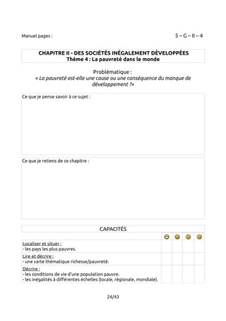 Manuel pages : 5 – G – II – 4 
CHAPITRE II - DES SOCIÉTÉS INÉGALEMENT DÉVELOPPÉES 
Thème 4 : La pauvreté dans le monde 
Problématique : 
« La pauvreté est-elle une cause ou une conséquence du manque de 
développement ?» 
Ce que je pense savoir à ce sujet : 
Ce que je retiens de ce chapitre : 
CAPACITÉS 
Localiser et situer : 
- les pays les plus pauvres. 
Lire et décrire : 
- une carte thématique richesse/pauvreté. 
Décrire : 
- les conditions de vie d'une population pauvre. 
- les inégalités à différentes échelles (locale, régionale, mondiale). 
24/43 
 