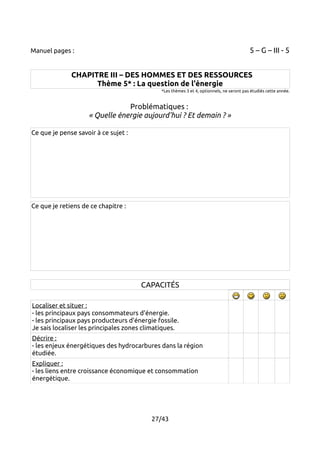Manuel pages : 5 – G – III - 5 
CHAPITRE III – DES HOMMES ET DES RESSOURCES 
Thème 5* : La question de l'énergie 
*Les thèmes 3 et 4, optionnels, ne seront pas étudiés cette année. 
Problématiques : 
« Quelle énergie aujourd'hui ? Et demain ? » 
Ce que je pense savoir à ce sujet : 
Ce que je retiens de ce chapitre : 
CAPACITÉS 
Localiser et situer : 
- les principaux pays consommateurs d'énergie. 
- les principaux pays producteurs d'énergie fossile. 
Je sais localiser les principales zones climatiques. 
Décrire : 
- les enjeux énergétiques des hydrocarbures dans la région 
étudiée. 
Expliquer : 
- les liens entre croissance économique et consommation 
énergétique. 
27/43 
 