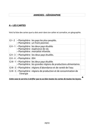 ANNEXES – GÉOGRAPHIE 
A – LES CARTES 
Voici la liste des cartes que tu dois avoir dans ton cahier et connaître, en géographie. 
G I - 2 • Planisphère : les pays les plus peuplés. 
• Planisphère : un front pionnier. 
G II - 1 • Planisphère : les deux pays étudiés 
• Planisphère : espérance de vie. 
• Planisphère : mortalité infantile. 
G II - 3 • Planisphère : les deux pays étudiés. 
G II - 4 • Planisphère : IDH 
G III - 1 • Planisphère : les deux pays étudiés 
• Planisphère : les grandes régions de productions alimentaires 
G III - 2 • Planisphère : régions d'abondance et de rareté de l'eau 
G III - 5 • Planisphère : régions de production et de consommation de 
l'énergie 
Cette case te servira à vérifier que tu as bien toutes les cartes de toutes les leçons. 
28/43 
 