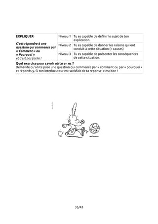 EXPLIQUER 
C'est répondre à une 
question qui commence par 
« Comment » ou 
« Pourquoi » 
et c'est pas facile ! 
Niveau 1 Tu es capable de définir le sujet de ton 
explication. 
Niveau 2 Tu es capable de donner les raisons qui ont 
conduit à cette situation (= causes) 
Niveau 3 Tu es capable de présenter les conséquences 
de cette situation. 
Quel exercice pour savoir où tu en es ? 
Demande qu'on te pose une question qui commence par « comment ou par « pourquoi » 
et réponds-y. Si ton interlocuteur est satisfait de ta réponse, c'est bon ! 
35/43 
 