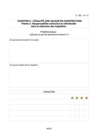 5 – EC – II – 2 
CHAPITRE II - L'ÉGALITÉ, UNE VALEUR EN CONSTRUCTION 
Thème 2 : Responsabilité collective et individuelle 
dans la réduction des inégalités. 
Problématique : 
« Qu'est ce qu'une personne mineure ? » 
Ce que je pense savoir à ce sujet : 
Ce que je retiens de ce chapitre : 
CAPACITÉS 
40/43 
 