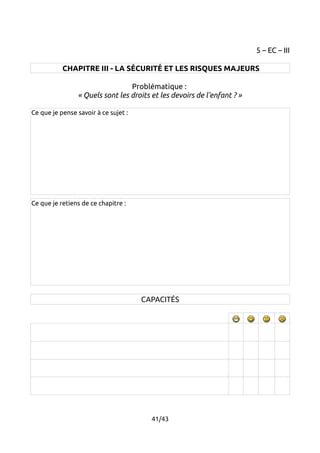 5 – EC – III 
CHAPITRE III - LA SÉCURITÉ ET LES RISQUES MAJEURS 
Problématique : 
« Quels sont les droits et les devoirs de l'enfant ? » 
Ce que je pense savoir à ce sujet : 
Ce que je retiens de ce chapitre : 
CAPACITÉS 
41/43 
 