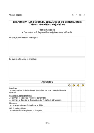 Manuel pages : 6 – H – IV – 1 
CHAPITRE IV - LES DÉBUTS DU JUDAÏSME ET DU CHRISTIANISME 
Thème 1 - Les débuts du judaïsme 
Problématique : 
« Comment naît la première religion monothéiste ?» 
Ce que je pense savoir à ce sujet : 
Ce que je retiens de ce chapitre : 
CAPACITÉS 
Localiser : 
Je sais localiser la Palestine et Jérusalem sur une carte de l'Empire 
Romain. 
Se repérer dans le temps : 
Je connais le siècle de l'écriture de la Bible. 
Je connais la date de la destruction du Temple de Jérusalem. 
Raconter : 
Je peux raconter un épisode de la Bible. 
Décrire et expliquer : 
Je sais décrire et expliquer la diaspora. 
10/44 
 