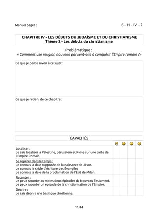 Manuel pages : 6 – H – IV – 2 
CHAPITRE IV - LES DÉBUTS DU JUDAÏSME ET DU CHRISTIANISME 
Thème 2 - Les débuts du christianisme 
Problématique : 
« Comment une religion nouvelle parvient-elle à conquérir l'Empire romain ?» 
Ce que je pense savoir à ce sujet : 
Ce que je retiens de ce chapitre : 
CAPACITÉS 
Localiser : 
Je sais localiser la Palestine, Jérusalem et Rome sur une carte de 
l'Empire Romain. 
Se repérer dans le temps : 
Je connais la date supposée de la naissance de Jésus. 
Je connais le siècle d'écriture des Évangiles 
Je connais la date de la proclamation de l'Édit de Milan. 
Raconter : 
Je peux raconter au moins deux épisodes du Nouveau Testament. 
Je peux raconter un épisode de la christianisation de l'Empire. 
Décrire : 
Je sais décrire une basilique chrétienne. 
11/44 
 