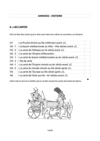 ANNEXES – HISTOIRE 
A – LES CARTES 
Voici la liste des cartes que tu dois avoir dans ton cahier et connaître, en Histoire. 
H1 • Le Proche-Orient au IIIe millénaire avant J.C. 
H2 - 1 • Le bassin méditerranée au VIIIe – VIIe siècles avant J.C. 
H2 - 2 • La carte de l'Attique au Ve siècle avant J.C. 
H2 - 3 • La carte de l'Empire d'Alexandre. 
H3 - 1 • La carte du bassin méditerranéen au Ier siècle avant J.C. 
H3 - 2 • Pas de carte 
H4 - 1 • La carte de l'Empire romain au Ier siècle avant J.C. 
H4 - 2 • La carte du monde romain au IVe siècle après J.C. 
H5 • La carte de l'Europe au IXe siècle après J.C. 
H6 • La carte de l'Asie aux IIe – Ier siècles avant J.C. 
Cette case te servira à vérifier que tu as bien toutes les cartes de toutes les leçons. 
14/44 
 