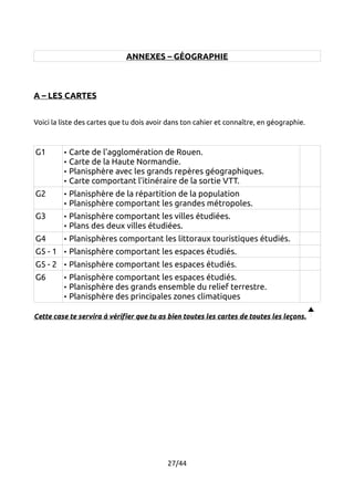 ANNEXES – GÉOGRAPHIE 
A – LES CARTES 
Voici la liste des cartes que tu dois avoir dans ton cahier et connaître, en géographie. 
G1 • Carte de l'agglomération de Rouen. 
• Carte de la Haute Normandie. 
• Planisphère avec les grands repères géographiques. 
• Carte comportant l'itinéraire de la sortie VTT. 
G2 • Planisphère de la répartition de la population 
• Planisphère comportant les grandes métropoles. 
G3 • Planisphère comportant les villes étudiées. 
• Plans des deux villes étudiées. 
G4 • Planisphères comportant les littoraux touristiques étudiés. 
G5 - 1 • Planisphère comportant les espaces étudiés. 
G5 - 2 • Planisphère comportant les espaces étudiés. 
G6 • Planisphère comportant les espaces étudiés. 
• Planisphère des grands ensemble du relief terrestre. 
• Planisphère des principales zones climatiques 
Cette case te servira à vérifier que tu as bien toutes les cartes de toutes les leçons. 
27/44 
 