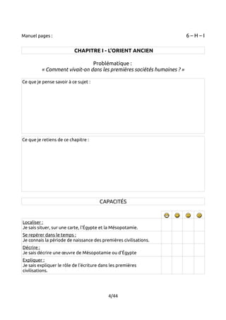 Manuel pages : 6 – H – I 
CHAPITRE I - L'ORIENT ANCIEN 
Problématique : 
« Comment vivait-on dans les premières sociétés humaines ? » 
Ce que je pense savoir à ce sujet : 
Ce que je retiens de ce chapitre : 
CAPACITÉS 
Localiser : 
Je sais situer, sur une carte, l'Égypte et la Mésopotamie. 
Se repérer dans le temps : 
Je connais la période de naissance des premières civilisations. 
Décrire : 
Je sais décrire une oeuvre de Mésopotamie ou d'Égypte 
Expliquer : 
Je sais expliquer le rôle de l'écriture dans les premières 
civilisations. 
4/44 
 