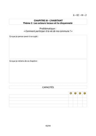 6 – EC – III – 2 
CHAPITRE III - L'HABITANT 
Thème 2 : Les acteurs locaux et la citoyenneté 
Problématique : 
« Comment participer à la vie de ma commune ? » 
Ce que je pense savoir à ce sujet : 
Ce que je retiens de ce chapitre : 
CAPACITÉS 
42/44 
 