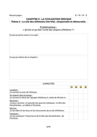 Manuel pages : 6 – H – II – 2 
CHAPITRE II - LA CIVILISATION GRECQUE 
Thème 2 - La cité des Athéniens (Ve-VIe) : citoyenneté et démocratie. 
Problématique : 
« Qu'est ce qui fait l'unité des citoyens d'Athènes ? » 
Ce que je pense savoir à ce sujet : 
Ce que je retiens de ce chapitre : 
CAPACITÉS 
Localiser : 
Je connais la carte de l'Attique. 
Se repérer dans le temps : 
Je connais le siècle de l'apogée d'Athènes (« siècle de Périclès »). 
Raconter : 
Je peux raconter un épisode des guerres médiques ; la fête des 
Panathénées ; un débat à l'Ecclesia. 
Décrire : 
Je sais décrire les lieux et les monuments de la cité d'Athènes. 
Expliquer : 
Je sais expliquer l'importance de la fête des Panathénées ; de 
l'Ecclesia. 
6/44 
 