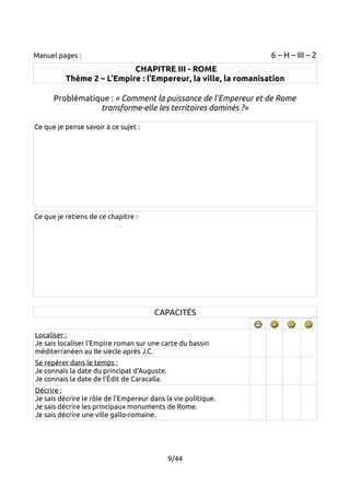 Manuel pages : 6 – H – III – 2 
CHAPITRE III - ROME 
Thème 2 – L’Empire : l’Empereur, la ville, la romanisation 
Problématique : « Comment la puissance de l'Empereur et de Rome 
transforme-elle les territoires dominés ?» 
Ce que je pense savoir à ce sujet : 
Ce que je retiens de ce chapitre : 
CAPACITÉS 
Localiser : 
Je sais localiser l'Empire roman sur une carte du bassin 
méditerranéen au IIe siècle après J.C. 
Se repérer dans le temps : 
Je connais la date du principat d'Auguste. 
Je connais la date de l'Édit de Caracalla. 
Décrire : 
Je sais décrire le rôle de l'Empereur dans la vie politique. 
Je sais décrire les principaux monuments de Rome. 
Je sais décrire une ville gallo-romaine. 
9/44 
 