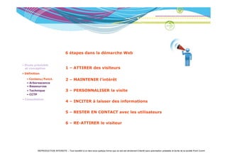 6 étapes dans la démarche Web


• Etude préalable
  et conception                       1 – ATTIRER des visiteurs
• Définition

   • Contenu/Fonct.
     Co e u/ o c                      2 – MAINTENIR l’intérêt
                                                    l intérêt
   • Arborescence
   • Ressources
   • Technique                        3 – PERSONNALISER la visite
   • CCTP
• Consultation
                                      4 – INCITER à laisser des informations

                                      5 – RESTER EN CONTACT avec les utilisateurs

                                      6 – RE-ATTIRER le visiteur




          REPRODUCTION INTERDITE – Tout transfert à un tiers sous quelque forme que ce soit est strictement interdit sans autorisation préalable et écrite de la société Point Comm
 