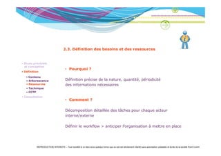 2.3. Définition des besoins et des ressources


• Etude préalable
  et conception
                                       • Pourquoi ?
• Définition

   • Contenu
     Co e u
   • Arborescence                      Définition précise de la nature, quantité, périodicité
                                        éf          é     d l                  é é d é
   • Ressources                        des informations nécessaires
   • Technique
   • CCTP
• Consultation
                                       • Comment ?

                                       Décomposition détaillée des tâches pour chaque acteur
                                       interne/externe

                                       Définir le workflow > anticiper l’organisation à mettre en place




          REPRODUCTION INTERDITE – Tout transfert à un tiers sous quelque forme que ce soit est strictement interdit sans autorisation préalable et écrite de la société Point Comm
 