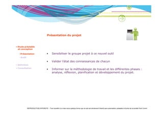 Présentation du projet



• Etude préalable
  et conception

   • Présentation                       •      Sensibiliser le groupe projet à ce nouvel outil
   • Audit

                                        •      Valider l’état des connaissances de chacun
• Définition
• Consultation
                                        •      Informer sur la méthodologie de travail et les différentes phases :
                                                                           g                              p
                                               analyse, réflexion, planification et développement du projet.




             REPRODUCTION INTERDITE – Tout transfert à un tiers sous quelque forme que ce soit est strictement interdit sans autorisation préalable et écrite de la société Point Comm
 
