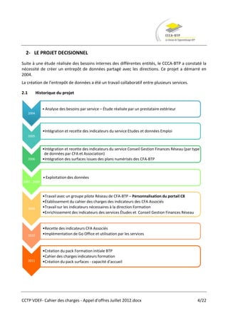 2- LE PROJET DECISIONNEL
Suite à une étude réalisée des besoins internes des différentes entités, le CCCA-BTP a constaté la
nécessité de créer un entrepôt de données partagé avec les directions. Ce projet a démarré en
2004.
La création de l’entrepôt de données a été un travail collaboratif entre plusieurs services.

2.1          Historique du projet


                • Analyse des besoins par service – Étude réalisée par un prestataire extérieur
      2004




                •Intégration et recette des indicateurs du service Etudes et données Emploi
      2005


                •Intégration et recette des indicateurs du service Conseil Gestion Finances Réseau (par type
                 de données par CFA et Association)
      2006      •Intégration des surfaces issues des plans numérisés des CFA-BTP



                • Exploitation des données
2007 - 2008



                •Travail avec un groupe pilote Réseau de CFA-BTP – Personnalisation du portail C8
                •Établissement du cahier des charges des indicateurs des CFA Associés
      2009      •Travail sur les indicateurs nécessaires à la direction Formation
                •Enrichissement des indicateurs des services Études et Conseil Gestion Finances Réseau


                •Recette des indicateurs CFA Associés
      2010      •Implémentation de Go Office et utilisation par les services



                •Création du pack Formation initiale BTP
                •Cahier des charges indicateurs formation
      2011      •Création du pack surfaces - capacité d'accueil




CCTP VDEF- Cahier des charges - Appel d'offres Juillet 2012.docx                                          4/22
 