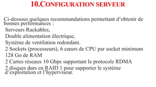 10.CONFIGURATION SERVEUR
Ci-dessous quelques recommandations permettant d’obtenir de
bonnes performances :
Serveurs Rackables,
Double alimentation électrique,
Système de ventilation redondant.
2 Sockets (processeurs), 6 cœurs de CPU par socket minimum
128 Go de RAM
2 Cartes réseaux 10 Gbps supportant le protocole RDMA
2 disques durs en RAID 1 pour supporter le système
d’exploitation et l’hyperviseur.
 