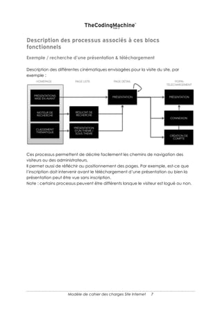 7
2. DESCRIPTION FONCTIONNELLE DU
NOUVEAU SITE
Cette partie peut être plus ou moins détaillée selon votre avancement. Mais, même si
cette partie peut faire l’objet d’un appel d’offres, TheCodingMachine vous conseille de
bien y réfléchir car elle donne une réalité à votre projet et elle vous aidera à en maîtriser
le périmètre.
Au-delà, si cette partie est trop peu détaillée, le prestataire ne pourra pas donner un
chiffrage très précis de votre projet (ce qui peut entrainer de nombreuses dérives… cf.
notre livre blanc « Sauvetage de Projets »).
Pas d’inquiétude à avoir, de simples dessins ou schémas suffisent (maintenant de
nombreux outils en ligne sont disponibles, dans ce document, nous avons utilisé
Balsamiq Mockups).
DESCRIPTION DES GRANDS BLOCS FONCTIONNELS DE LA
SOLUTION
Ce sont les grands éléments de la solution que vous souhaitez faire développer, par
exemple :
• la visualisation des contenus ;
• l’inscription ;
• le téléchargement de documents ;
• les pages « mon compte ».
Pour les administrateurs :
• la facturation et le paiement ;
• le suivi des leads générés ;
• …
 