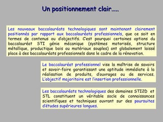 Un positionnement clair….. Les nouveaux baccalauréats technologiques sont maintenant clairement positionnés par rapport aux baccalauréats professionnels , que ce soit en termes de contenus ou d’objectifs. C’est pourquoi certaines options du baccalauréat STI génie mécanique (systèmes motorisés, structure métallique, productique bois ou matériaux souples) ont globalement laissé place à des baccalauréats professionnels dans le cadre de la rénovation. Le baccalauréat professionnel  vise la maîtrise de savoirs et savoir-faire garantissant une aptitude immédiate à la réalisation de produits, d’ouvrages ou de services . L’objectif majoritaire est l’insertion professionnelle. Les baccalauréats technologiques  des domaines STI2D  et STL constituent un véritable socle de connaissances scientifiques et techniques ouvrant sur des  poursuites d’études supérieures longues.  