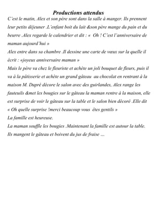 Productions attendus
C’est le matin, Alex et son père sont dans la salle à manger. Ils prennent
leur petits déjeuner .L’enfant boit du lait &son père mange du pain et du
beurre .Alex regarde le calendrier et dit : « Oh ! C’est l’anniversaire de
maman aujourd’hui »
Alex entre dans sa chambre .Il dessine une carte de vœux sur la quelle il
écrit : «joyeux anniversaire maman »
Mais le père va chez le fleuriste et achète un joli bouquet de fleurs, puis il
va à la pâtisserie et achète un grand gâteau au chocolat en rentrant à la
maison M. Dupré décore le salon avec des guirlandes, Alex range les
fauteuils &met les bougies sur le gâteau la maman rentre à la maison, elle
est surprise de voir le gâteau sur la table et le salon bien décoré .Elle dit
« Oh quelle surprise !merci beaucoup vous êtes gentils »
La famille est heureuse.
La maman souffle les bougies .Maintenant la famille est autour la table.
Ils mangent le gâteau et boivent du jus de fraise …
 