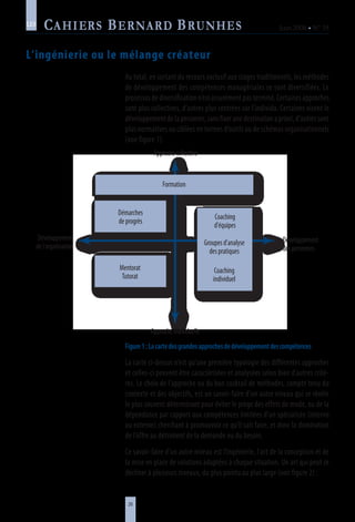 26
Juin 2008 • N° 19
les
L’ingénierie ou le mélange créateur
Au total, en sortant du recours exclusif aux stages traditionnels, les méthodes
de développement des compétences managériales se sont diversifiées. Le
processus de diversification n’est assurément pas terminé. Certaines approches
sont plus collectives, d’autres plus centrées sur l’individu. Certaines visent le
développementdelapersonne,sansfixerunedestinationapriori,d’autressont
plus normatives ou ciblées en termes d’outils ou de schémas organisationnels
(voir figure 1).
Figure1 :Lacartedesgrandesapprochesdedéveloppementdescompétences
La carte ci-dessus n’est qu’une première typologie des différentes approches
et celles-ci peuvent être caractérisées et analysées selon bien d’autres critè-
res. Le choix de l’approche ou du bon cocktail de méthodes, compte tenu du
contexte et des objectifs, est un savoir-faire d’un autre niveau qui se révèle
le plus souvent déterminant pour éviter le piège des effets de mode, ou de la
dépendance par rapport aux compétences limitées d’un spécialiste (interne
ou externe) cherchant à promouvoir ce qu’il sait faire, et donc la domination
de l’offre au détriment de la demande ou du besoin.
Ce savoir-faire d’un autre niveau est l’ingénierie, l’art de la conception et de
la mise en place de solutions adaptées à chaque situation. Un art qui peut se
décliner à plusieurs niveaux, du plus pointu au plus large (voir figure 2) :
Développement
del'organisation
Approchecollective
Approcheindividuelle
Développement
despersonnes
Formation
Mentorat
Tutorat
Démarches
deprogrès
Coaching
d'équipes
Groupesd'analyse
despratiques
Coaching
individuel
 