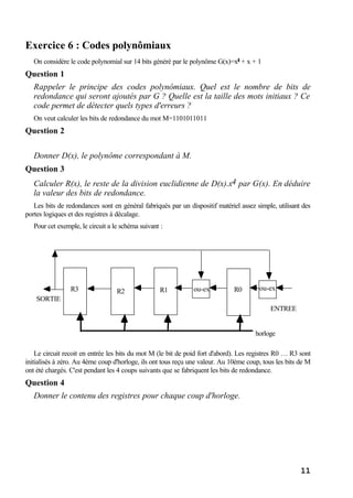 11
Exercice 6 : Codes polynômiaux
On considère le code polynomial sur 14 bits généré par le polynôme G(x)=x4 + x + 1
Question 1
Rappeler le principe des codes polynômiaux. Quel est le nombre de bits de
redondance qui seront ajoutés par G ? Quelle est la taille des mots initiaux ? Ce
code permet de détecter quels types d'erreurs ?
On veut calculer les bits de redondance du mot M=1101011011
Question 2
Donner D(x), le polynôme correspondant à M.
Question 3
Calculer R(x), le reste de la division euclidienne de D(x).x4 par G(x). En déduire
la valeur des bits de redondance.
Les bits de redondances sont en général fabriqués par un dispositif matériel assez simple, utilisant des
portes logiques et des registres à décalage.
Pour cet exemple, le circuit a le schéma suivant :
ou-ex
ENTREE
SORTIE
R0R1R2R3
horloge
ou-ex
Le circuit recoit en entrée les bits du mot M (le bit de poid fort d'abord). Les registres R0 … R3 sont
initialisés à zéro. Au 4ème coup d'horloge, ils ont tous reçu une valeur. Au 10ème coup, tous les bits de M
ont été chargés. C'est pendant les 4 coups suivants que se fabriquent les bits de redondance.
Question 4
Donner le contenu des registres pour chaque coup d'horloge.
 