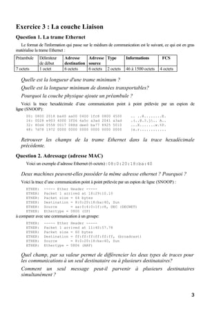 3
Exercice 3 : La couche Liaison
Question 1. La trame Ethernet
Le format de l'information qui passe sur le médium de communication est le suivant, ce qui est en gras
matérialise la trame Ethernet :
Préambule Délimiteur
de début
Adresse
destination
Adresse
source
Type Informations FCS
7 octets 1 octet 6 octets 6 octets 2 octets 46 à 1500 octets 4 octets
Quelle est la longueur d'une trame minimum ?
Quelle est la longueur minimum de données transportables?
Pourquoi la couche physique ajoute un préambule ?
Voici la trace hexadécimale d’une communication point à point prélevée par un espion de
ligne (SNOOP):
00: 0800 2018 ba40 aa00 0400 1fc8 0800 4500 .. ..@........E.
16: 0028 e903 4000 3f06 6a5c a3ad 2041 a3ad .(..@.?.j.. A..
32: 80d4 0558 0017 088d dee0 ba77 8925 5010 ...X.......w.%P.
48: 7d78 1972 0000 0000 0000 0000 0000 0000 }x.r............
Retrouver les champs de la trame Ethernet dans la trace hexadécimale
précédente.
Question 2. Adressage (adresse MAC)
Voici un exemple d’adresse Ethernet (6 octets) : 08:0:20:18:ba:40
Deux machines peuvent-elles posséder la même adresse ethernet ? Pourquoi ?
Voici la trace d’une communication point à point prélevée par un espion de ligne (SNOOP) :
ETHER: ----- Ether Header -----
ETHER: Packet 1 arrived at 18:29:10.10
ETHER: Packet size = 64 bytes
ETHER: Destination = 8:0:20:18:ba:40, Sun
ETHER: Source = aa:0:4:0:1f:c8, DEC (DECNET)
ETHER: Ethertype = 0800 (IP)
à comparer avec une communication à un groupe:
ETHER: ----- Ether Header -----
ETHER: Packet 1 arrived at 11:40:57.78
ETHER: Packet size = 60 bytes
ETHER: Destination = ff:ff:ff:ff:ff:ff, (broadcast)
ETHER: Source = 8:0:20:18:ba:40, Sun
ETHER: Ethertype = 0806 (ARP)
Quel champ, par sa valeur permet de différencier les deux types de traces pour
les communications à un seul destinataire ou à plusieurs destinataires?
Comment un seul message peut-il parvenir à plusieurs destinataires
simultanément ?
 