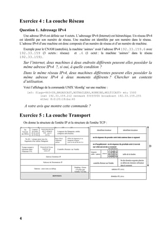 4
Exercice 4 : La couche Réseau
Question 1. Adressage IPv4
Une adresse IPv4 est définie sur 4 octets. L’adressage IPv4 (Internet) est hiérarchique. Un réseau IPv4
est identifié par son numéro de réseau. Une machine est identifiée par son numéro dans le réseau.
L’adresse IPv4 d’une machine est donc composée d’un numéro de réseau et d’un numéro de machine.
Exemple pour le CNAM (autrefois), la machine ‘asimov’ avait l’adresse IPv4 192.33.159.6 avec
192.33.159 (3 octets : réseau) et .6 (1 octet : la machine ‘asimov’ dans le réseau
192.33.159).
Sur l’internet, deux machines à deux endroits différents peuvent elles posséder la
même adresse IPv4 ?, si oui, à quelle condition ?
Dans le même réseau IPv4, deux machines différentes peuvent elles posséder la
même adresse IPv4 à deux moments différents ? Chercher un contexte
d’utilisation.
Voici l’affichage de la commande UNIX ‘ifconfig’ sur une machine :
le0: flags=863<UP,BROADCAST,NOTRAILERS,RUNNING,MULTICAST> mtu 1500
inet 192.33.159.212 netmask ffffff00 broadcast 192.33.159.255
ether 8:0:20:18:ba:40
A votre avis que montre cette commande ?
Exercice 5 : La couche Transport
On donne la structure de l'entête IP et la structure de l'entête TCP :
160 84 312419
No
Version
de l'IP(4)
Longueur
del'entête
(nb de mots
de 32 bits)
Longueur du Datagram, entête
comprise (nb d'octets)
Temps restant à
séjourner dans
l'Internet TTL
DONNEES
Adresse de Destination IP
Adresse Emetteur IP
Options : pour tests ou debug
Contrôle d'erreurs sur l'entête
No Id -> unique pour tous les
fragments d'un même Datagram
flags (2bits):
.fragmenté
.dernier
Offset du fragment p/r au
Datagram Original
(unit en nb de blk de 8 o)
Protocole de Niveau
Supérieur qui
utilise IP
Padding: Octets
à 0 pour que
l'entête *32 bits
Façon dont doit être
géré le datagram
TOS - type of
service
identifiant émetteur identifiant récepteur
nodeséquencedupremieroctetémiscontenudanscesegment
nod'acquittement:nodeséquenceduprochainoctetàrecevoir
par celui qui envoie ce segment
taille de la fenêtre
contrôle d'erreur sur l'entête
findesdonnéesurgentesplacées
en début des données utilisateur
dans le segment
longueur
entête+options
bitsindicateurs
U
R
G
A
C
K
P
S
H
R
S
T
S
Y
N
F
I
N
réservé
contrôle d'erreur sur l'entête
options s'il y en a
données s'il y en a
20
 