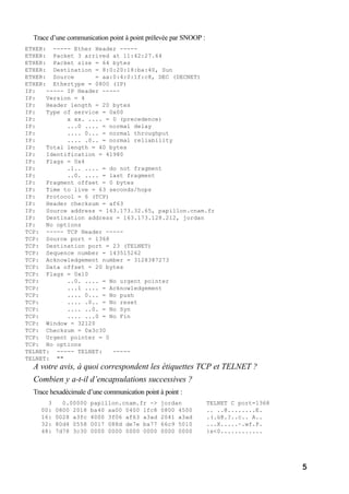 5
Trace d’une communication point à point prélevée par SNOOP :
ETHER: ----- Ether Header -----
ETHER: Packet 3 arrived at 11:42:27.64
ETHER: Packet size = 64 bytes
ETHER: Destination = 8:0:20:18:ba:40, Sun
ETHER: Source = aa:0:4:0:1f:c8, DEC (DECNET)
ETHER: Ethertype = 0800 (IP)
IP: ----- IP Header -----
IP: Version = 4
IP: Header length = 20 bytes
IP: Type of service = 0x00
IP: x xx. .... = 0 (precedence)
IP: ...0 .... = normal delay
IP: .... 0... = normal throughput
IP: .... .0.. = normal reliability
IP: Total length = 40 bytes
IP: Identification = 41980
IP: Flags = 0x4
IP: .1.. .... = do not fragment
IP: ..0. .... = last fragment
IP: Fragment offset = 0 bytes
IP: Time to live = 63 seconds/hops
IP: Protocol = 6 (TCP)
IP: Header checksum = af63
IP: Source address = 163.173.32.65, papillon.cnam.fr
IP: Destination address = 163.173.128.212, jordan
IP: No options
TCP: ----- TCP Header -----
TCP: Source port = 1368
TCP: Destination port = 23 (TELNET)
TCP: Sequence number = 143515262
TCP: Acknowledgement number = 3128387273
TCP: Data offset = 20 bytes
TCP: Flags = 0x10
TCP: ..0. .... = No urgent pointer
TCP: ...1 .... = Acknowledgement
TCP: .... 0... = No push
TCP: .... .0.. = No reset
TCP: .... ..0. = No Syn
TCP: .... ...0 = No Fin
TCP: Window = 32120
TCP: Checksum = 0x3c30
TCP: Urgent pointer = 0
TCP: No options
TELNET: ----- TELNET: -----
TELNET: ""
A votre avis, à quoi correspondent les étiquettes TCP et TELNET ?
Combien y a-t-il d’encapsulations successives ?
Trace hexadécimale d’une communication point à point :
3 0.00000 papillon.cnam.fr -> jordan TELNET C port=1368
00: 0800 2018 ba40 aa00 0400 1fc8 0800 4500 .. ..@........E.
16: 0028 a3fc 4000 3f06 af63 a3ad 2041 a3ad .(.ü@.?..c.. A..
32: 80d4 0558 0017 088d de7e ba77 66c9 5010 ...X.....~.wf.P.
48: 7d78 3c30 0000 0000 0000 0000 0000 0000 }x<0............
 