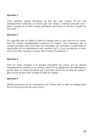 51
Question 2
Vous souhaitez ensuite déterminer la liste des sous réseaux IP qui sont
immédiatement connectés au routeur que vous étudiez. Comment procédez vous ?
Dans l’exemple de la table routage précédente quels sont ces réseaux et quelle est
leur taille ?
Question 3
En regardant plus en détail la table de routage pour ce qui concerne les routes
pour les réseaux immédiatement connectés au routeur, vous remarquez que la
colonne prochain saut (‘next hop’) est renseignée. En cherchant à comprendre la
signification de ces informations vous constatez qu’il y a une incohérence et donc
une erreur dans l’une de ces routes. Où se trouve l’incohérence ?
Question 4
Pour les routes évoquées à la question précédente (les routes vers les réseaux
immédiatement connectés à un routeur), quelle est la signification des informations
portées dans la colonne prochain saut (‘next hop’) de la liste de table de routage ?
Que devrait-on faire pour corriger la table de routage ?
Question 5
Quelles pouvaient être les conséquences de l'erreur dans la table de routage (quel
est le niveau de gravité de cette erreur) ?
 