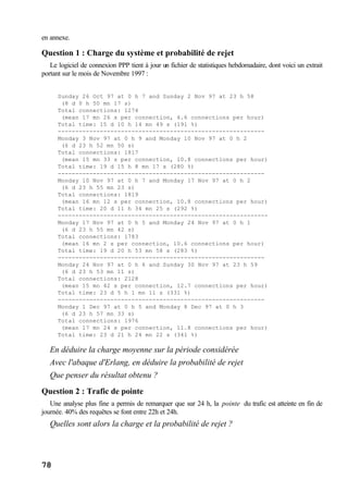 78
en annexe.
Question 1 : Charge du système et probabilité de rejet
Le logiciel de connexion PPP tient à jour un fichier de statistiques hebdomadaire, dont voici un extrait
portant sur le mois de Novembre 1997 :
Sunday 26 Oct 97 at 0 h 7 and Sunday 2 Nov 97 at 23 h 58
(8 d 0 h 50 mn 17 s)
Total connections: 1274
(mean 17 mn 26 s per connection, 6.6 connections per hour)
Total time: 15 d 10 h 14 mn 49 s (191 %)
-----------------------------------------------------------
Monday 3 Nov 97 at 0 h 9 and Monday 10 Nov 97 at 0 h 2
(6 d 23 h 52 mn 50 s)
Total connections: 1817
(mean 15 mn 33 s per connection, 10.8 connections per hour)
Total time: 19 d 15 h 8 mn 17 s (280 %)
-----------------------------------------------------------
Monday 10 Nov 97 at 0 h 7 and Monday 17 Nov 97 at 0 h 2
(6 d 23 h 55 mn 23 s)
Total connections: 1819
(mean 16 mn 12 s per connection, 10.8 connections per hour)
Total time: 20 d 11 h 34 mn 25 s (292 %)
------------------------------------------------------------
Monday 17 Nov 97 at 0 h 5 and Monday 24 Nov 97 at 0 h 1
(6 d 23 h 55 mn 42 s)
Total connections: 1783
(mean 16 mn 2 s per connection, 10.6 connections per hour)
Total time: 19 d 20 h 53 mn 58 s (283 %)
-----------------------------------------------------------
Monday 24 Nov 97 at 0 h 6 and Sunday 30 Nov 97 at 23 h 59
(6 d 23 h 53 mn 11 s)
Total connections: 2128
(mean 15 mn 42 s per connection, 12.7 connections per hour)
Total time: 23 d 5 h 1 mn 11 s (331 %)
-----------------------------------------------------------
Monday 1 Dec 97 at 0 h 5 and Monday 8 Dec 97 at 0 h 3
(6 d 23 h 57 mn 33 s)
Total connections: 1976
(mean 17 mn 24 s per connection, 11.8 connections per hour)
Total time: 23 d 21 h 24 mn 22 s (341 %)
En déduire la charge moyenne sur la période considérée
Avec l'abaque d'Erlang, en déduire la probabilité de rejet
Que penser du résultat obtenu ?
Question 2 : Trafic de pointe
Une analyse plus fine a permis de remarquer que sur 24 h, la pointe du trafic est atteinte en fin de
journée. 40% des requêtes se font entre 22h et 24h.
Quelles sont alors la charge et la probabilité de rejet ?
 