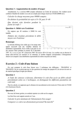 79
Question 3 : Augmentation du nombre d'usager
Actuellement, il y a environ 8000 comptes utilisateurs au Centre de ressources. On voudrait savoir
combien il faudrait de modem si on crée un compte pour chaque inscrit au CNAM (80000 env).
Calculer la charge moyenne pour 80000 comptes.
En déduire la probabilité de rejet si N=20, puis N=40
Que devient cette dernière pendant la
pointe de trafic ?
Question 4 : Débit vers l'extérieur
On suppose que 40 modems à 28800 b/s sont
installés.
Déduire des résultats précédents le débit
moyen vers l'extérieur
Remarque
La formule d'Erlang n'est valide que si les temps entre
appels successifs sont des variables aléatoire de
distribution exponentielle. On le vérifie à peu près ici sur
des mesures faites pendant la journée du 9 décembre
1997. Il y a eu ce jour 347 connexions PPP. On trouve EΛ=4.14 min. Les courbes ont en abscisse le
temps inter-arrivées (en minutes) et en ordonnée, le nombre d'appels correspondant. L'histogramme
observé est comparé à une distribution exponentielle de même moyenne (en tirets).
Exercice 2 : Coût d'une liaison
On veut comparer le coût d'une liaison avec 2 techniques très différentes : TRANSPAC et
TRANSFIX. On ne se préoccupe pas ici des questions de routage des paquets IP, de serveur de nom ou
de matériel spécifique (à régler par ailleurs)
Question 1
A l'aide des annexes ci-dessous, déterminer le coût d'un accès au débit calculé
précédement selon ces 2 techniques, en distinguant les différents paramètres du
coût total.
Pour les calculs, on supposera que la distance de raccordement est de moins de 10 km entre le CNAM
et le fournisseur d'accès.
Question 2
Par souci de bonne gestion, on souhaite reporter ces coûts sur les usagers.
Les frais fixes sont suppoés amortis en 3 ans.
Calculer le prix minimum de l'abonnement d'un usager
Comparer ce coût à un abonnement personnel"du marché"
 