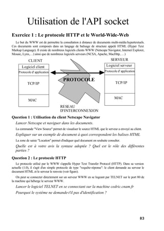 83
Utilisation de l'API socket
Exercice 1 : Le protocole HTTP et le World-Wide-Web
Le but du WWW est de permettre la consultation à distance de documents multi-média hypertextuels.
Ces documents sont composés dans un langage de balisage de structure appelé HTML (Hyper Text
Markup Language). Il existe de nombreux logiciels clients WWW (Netscape Navigator, Internet Explorer,
Mosaic, Lynx,…) ainsi que de nombreux logiciels serveurs (NCSA, Apache, MacHttp, …)
Logiciel client
TCP/IP
MAC
Logiciel serveur
RESEAU
D'INTERCONNEXION
CLIENT SERVEUR
PROTOCOLE
TCP/IP
MAC
Protocole d' application Protocole d' application
Question 1 : Utilisation du client Netscape Navigator
Lancer Netscape et naviguer dans les documents.
La commande "View Source" permet de visualiser le source HTML que le serveur a envoyé au client.
Expliquer sur un exemple de document à quoi correspondent les balises HTML
La zone de saisie "Location" permet d'indiquer quel document on souhaite consulter.
Quelle est à votre avis la syntaxe adoptée ? Quel est le rôle des différentes
parties ?
Question 2 : Le protocole HTTP
Le protocole utilisé par le WWW s'appelle Hyper Text Transfer Protocol (HTTP). Dans sa version
actuelle (1.0), il s'agit d'un simple protocole de type "requête-réponse": le client demande au serveur le
document HTML et le serveur le renvoie (voir figure).
On peut se connecter directement sur un serveur WWW en se logeant par TELNET sur le port 80 de
la machine qui héberge le serveur WWW.
Lancer le logiciel TELNET en se connectant sur la machine cedric.cnam.fr
Pourquoi le système ne demande-t'il pas d'identification ?
 